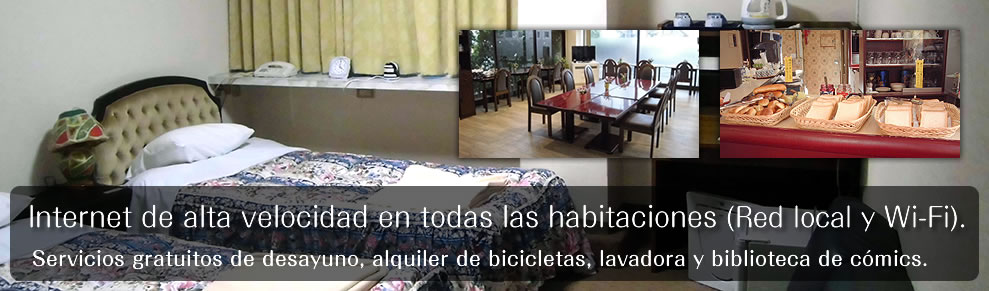 Internet de alta velocidad en todas las habitaciones (Red local y Wi-Fi).Servicios gratuitos de desayuno, alquiler de bicicletas, lavadora y biblioteca de cómics.